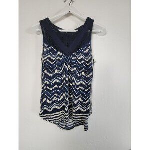 Lucky Brand Women's Blue White Chevron Sleeveless Lace-Trim Knit Tank Top Small